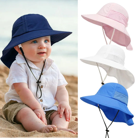 Spring Summer Baby Hat Beach Sun Protection Neck Kids Bucket Hats for Girls Boys Adjustable Children Cap Baby Accessories 6M-6Y