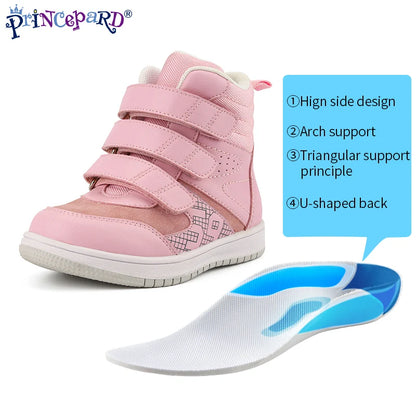 Princepard Ankle Boots for Girls Boys Orthopedic Children's Sneakers with Arch Support Insoles Pink Grey Leather Kids Shoes