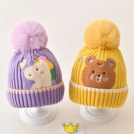 Solid Color Cartoon Knitted Hat Korean Style Thermal Hat Hairball Baby Beanie Cap Woolen Skullies Kids Crochet Hats Toddler