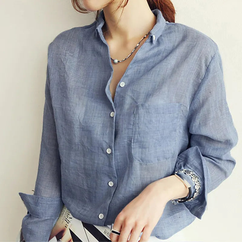 Linen White/Light Denim  Shirt Women Long Sleeve Blouse