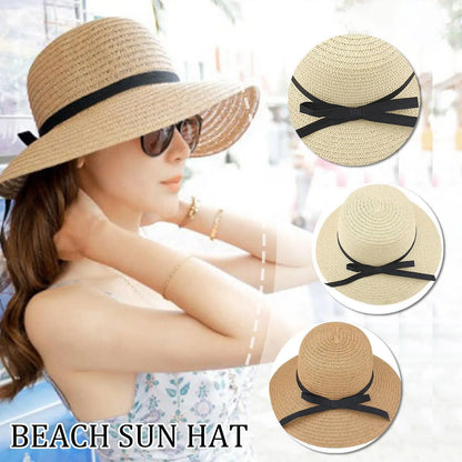 Summer Straw Hat Big Wide Brim Foldable Beach Sun Hat Straw Floppy Sun Block UV Protection Hat Ladies Outdoor Travel Straw Hat