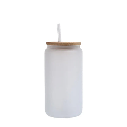 US Warehouse 24Pack Sublimation Glass Tumbler  Blanks  Cans Frosted   with Bamboo Lids and Straws Drinking Jars for Juice DIY