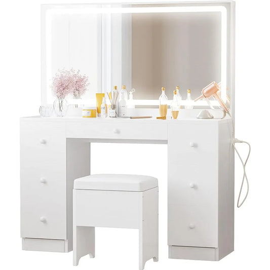 46.1inch Vanity Desk Set With LED Lighted Mirror & Power Outlet