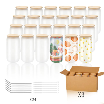 US Warehouse 24Pack Sublimation Glass Tumbler  Blanks  Cans Frosted   with Bamboo Lids and Straws Drinking Jars for Juice DIY