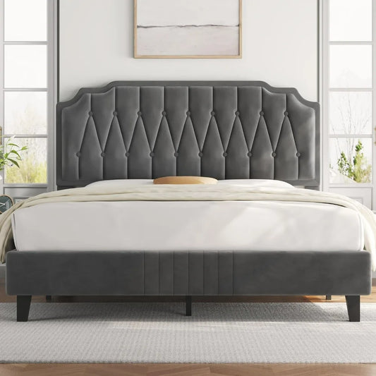 Queen Bed Frame Velvet Upholstered Platform Bed with Curved Headboard Height-Adjustable Headboard Dark Gray Queen Beds