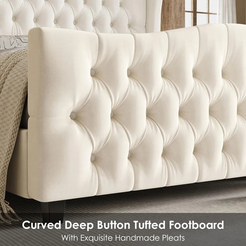 King Bed Frame with Velvet Upholstered Deep Button Tufted Wingback Headboard