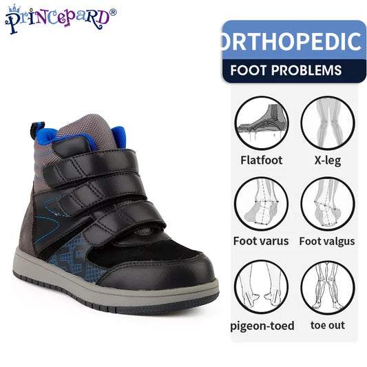 Princepard Ankle Boots for Girls Boys Orthopedic Children's Sneakers with Arch Support Insoles Pink Grey Leather Kids Shoes