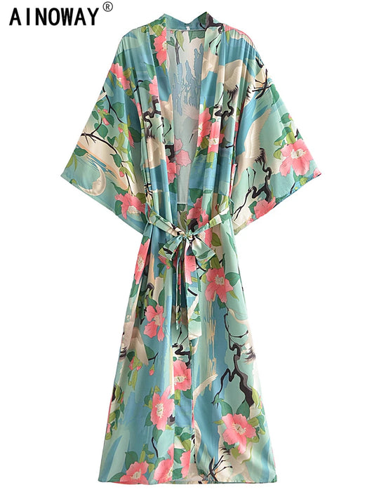 Vintage Green Crane Floral Print Rayon Cotton Sashes Bohemian Kimono Robe Women V Neck Batwing Sleeves Boho Bikini Cover-ups