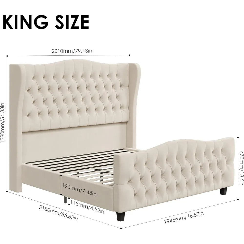 King Bed Frame with Velvet Upholstered Deep Button Tufted Wingback Headboard