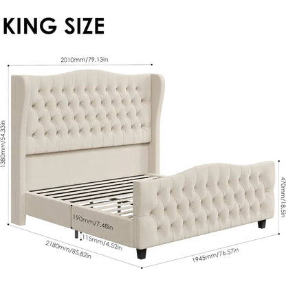 King Bed Frame with Velvet Upholstered Deep Button Tufted Wingback Headboard